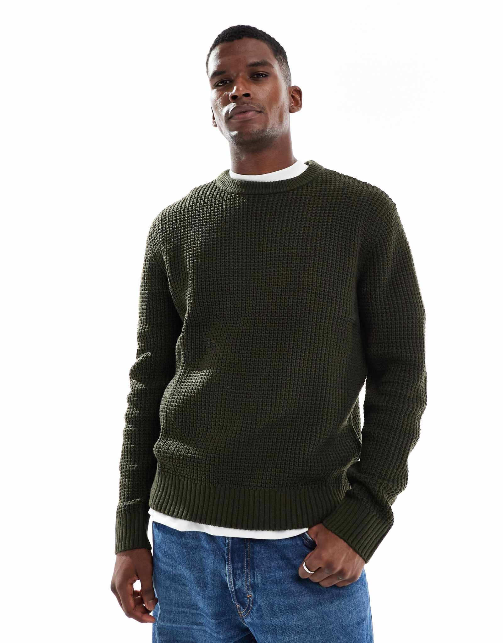 Вязаный свитер с вафлями Jack &Jones темно-зеленого цвета