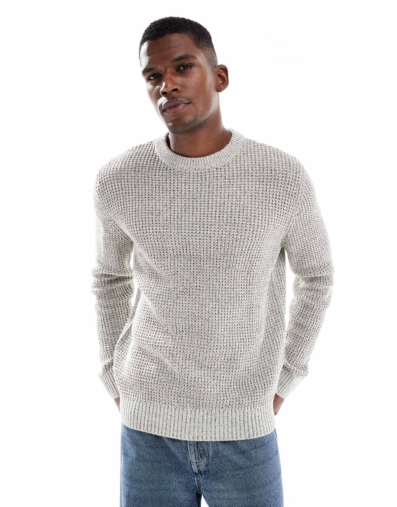 Свитер вафельной вязки Jack &Jones из двухцветной пряжи кремового цвета