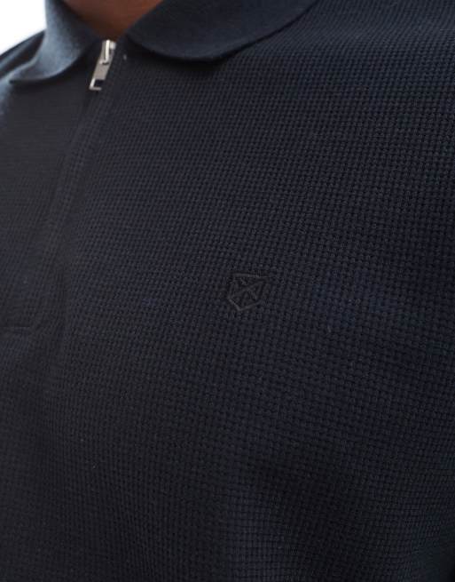 Jack & Jones waffle zip up polo in black, 2 of 4