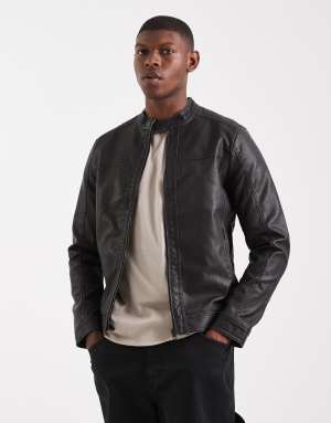 Jack & Jones washed black faux leather racer jacket