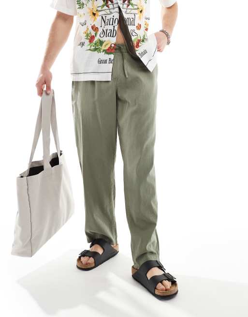 Jack & Jones – Weite Hose aus Leinen in Grün mit Kordelzug im Bund, 3 von 5