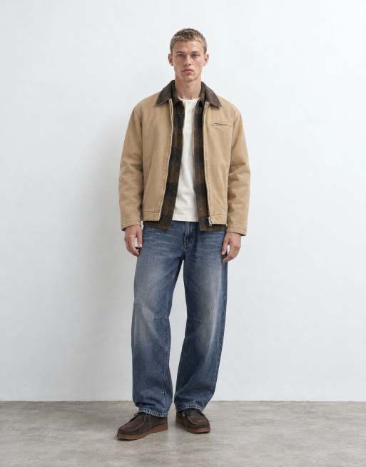Jack & Jones werkersjack met dubbele rits en corduroykraag in beige, 7 van 9