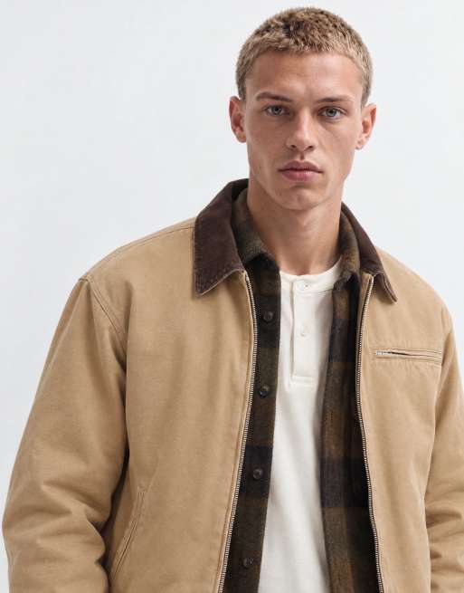 Jack & Jones werkersjack met dubbele rits en corduroykraag in beige, 8 van 9