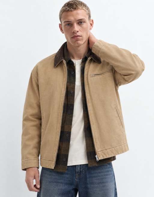 Jack & Jones werkersjack met dubbele rits en corduroykraag in beige, 9 van 9