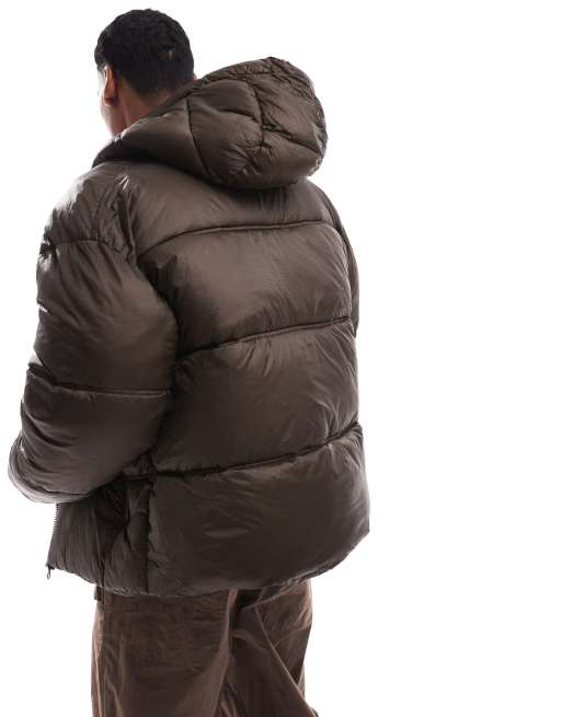 Jack Jones wet look puffer jacket in brown ASOS