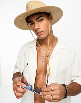 Jack & Jones Jack & Jones wicker hat with drawstring in beige-Neutral