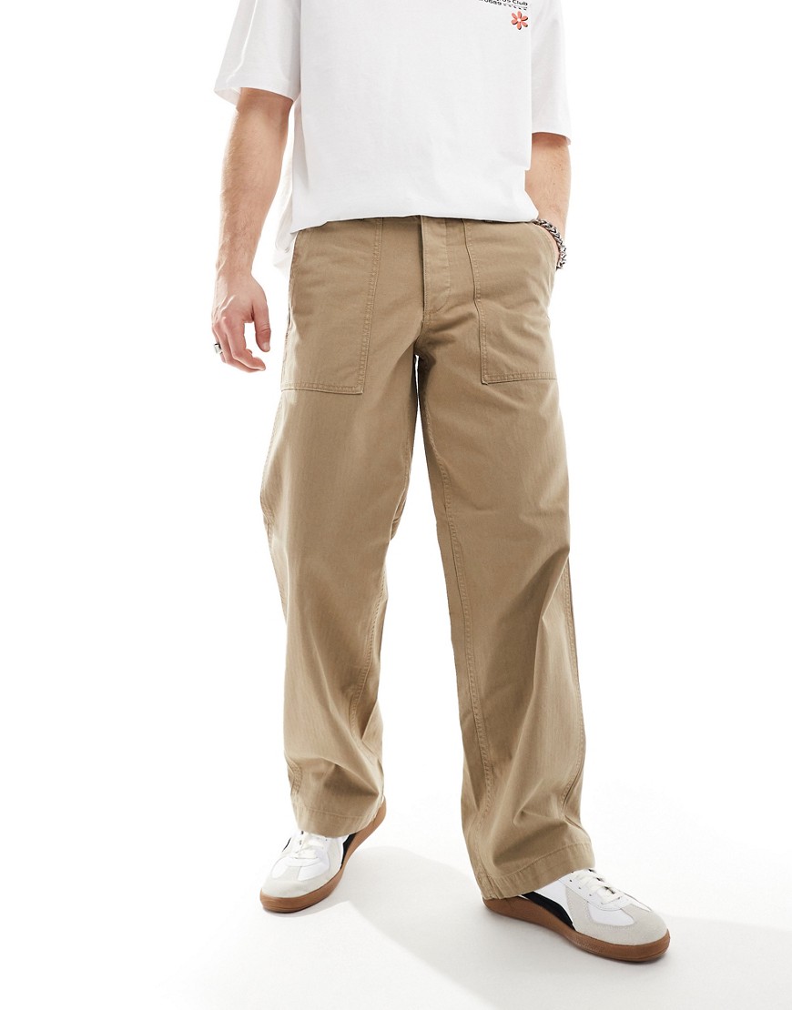 Jack & Jones wide fit herringbone worker trouser in beige-Neutral