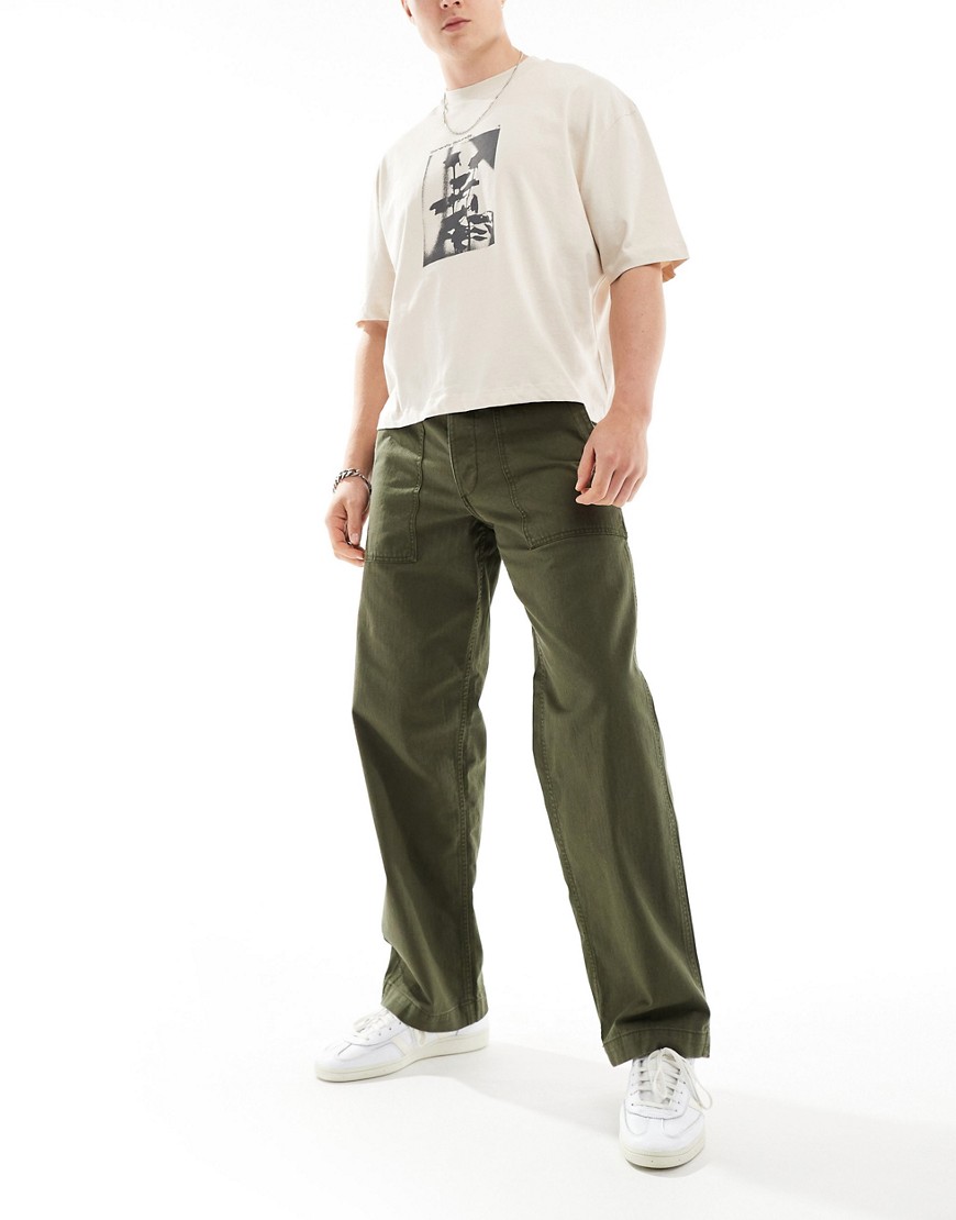 Jack & Jones wide fit herringbone worker trouser in khaki-Green