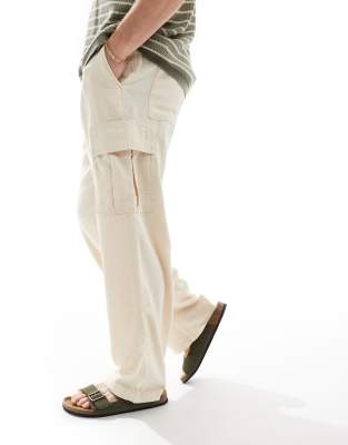 wide fit linen mix cargo pants in ecru-White