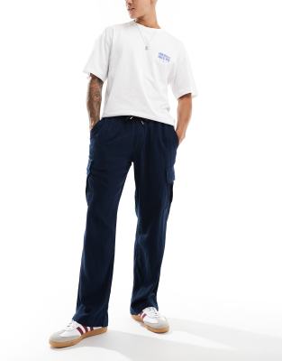 Jack & Jones Wide Fit Linen Mix Cargo Pants In Navy