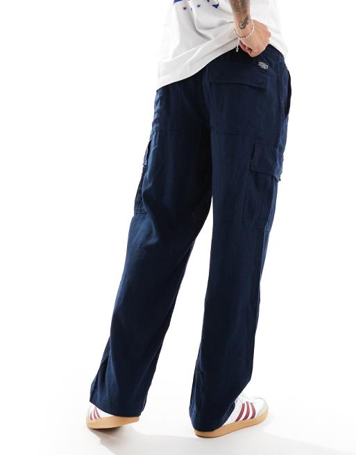 Jack & Jones wide fit linen mix cargo trouser in navy , 2 of 5