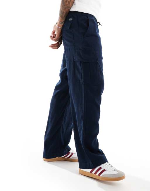 Jack & Jones wide fit linen mix cargo trouser in navy , 3 of 5