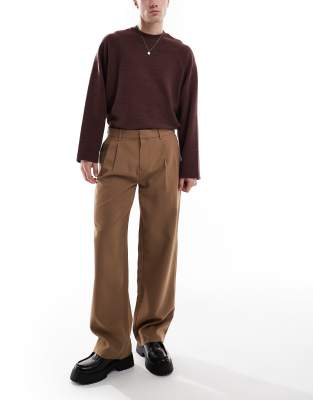 wide leg pleat front pants in brown