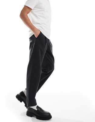 wide tapered fit cotton twill smart pants in black