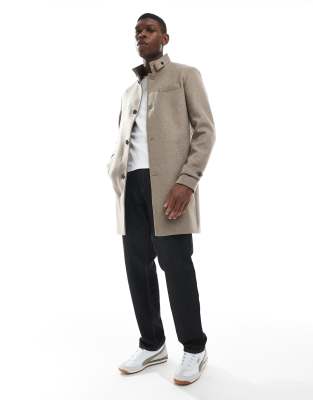 Jack & Jones Wool Blend Funnel Neck Coat In Brown