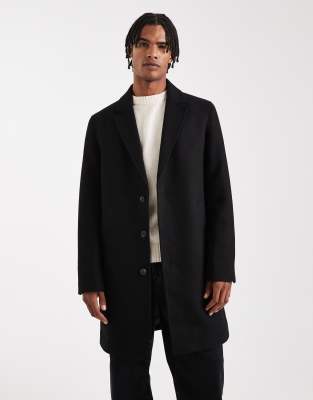 Jack & Jones Wool Blend Overcoat In Black