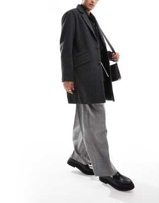 Jack & Jones Wool Blend Overcoat In Gray Herringbone