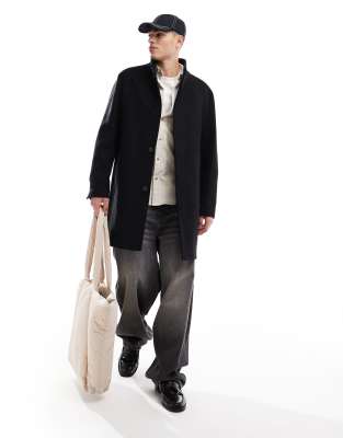 Jack & Jones Wool Funnel Overcoat In Dark Gray Houndtooth