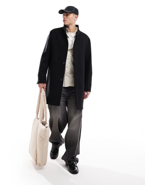 Jack & Jones wool funnel overcoat in dark grey houndtooth - view 1