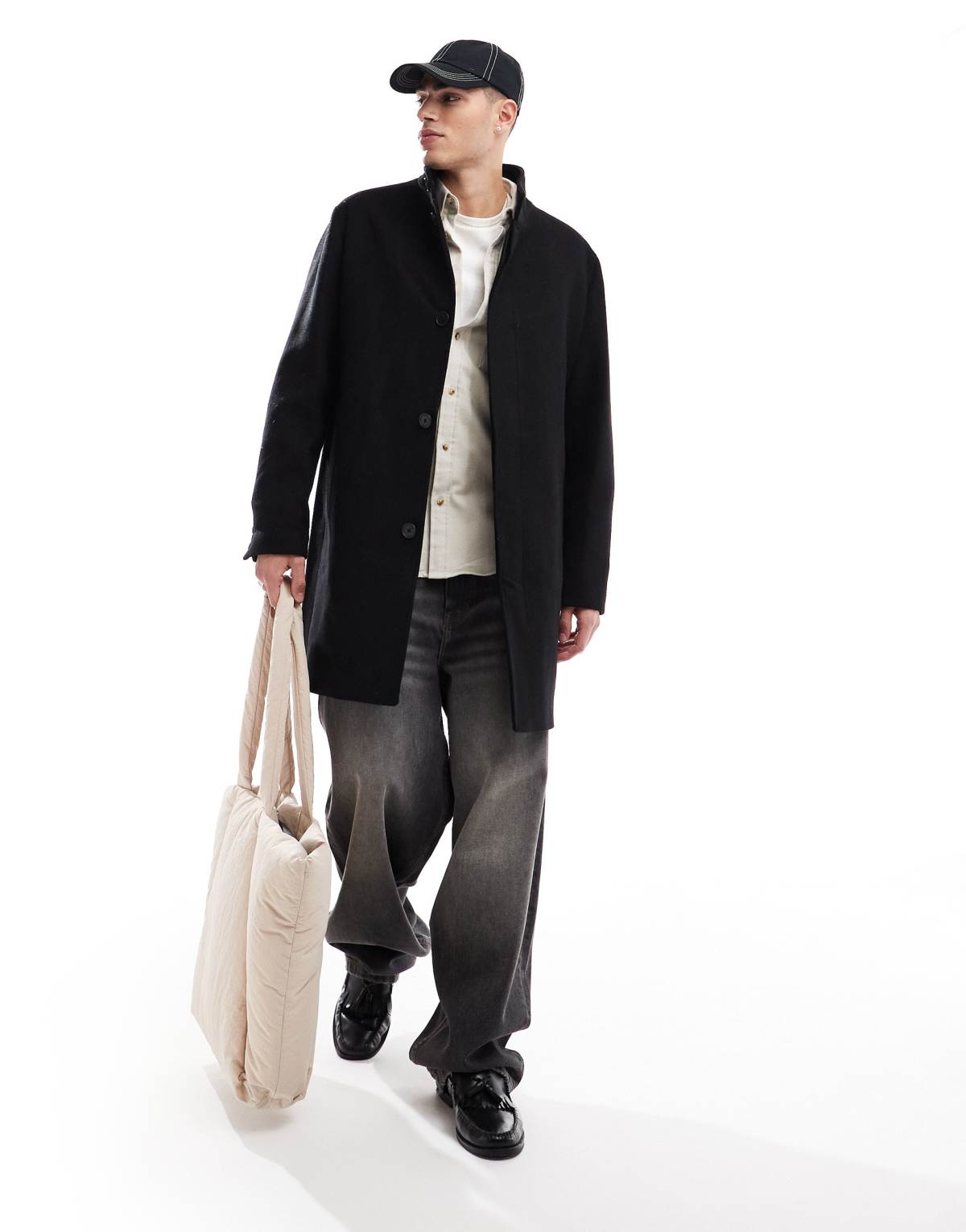 Jack & Jones wool funnel overcoat in dark grey houndtooth