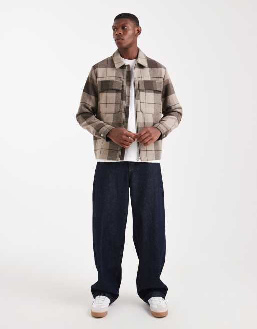 Jack & Jones wool Harrington jacket in brown check | ASOS