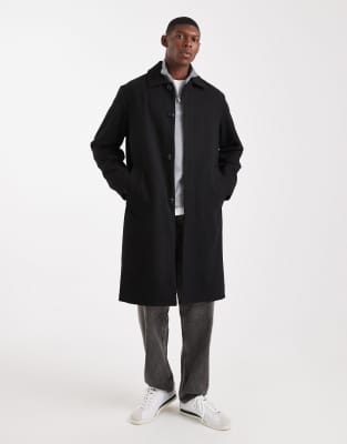 Jack & Jones Wool Look Longline Overcoat In Black