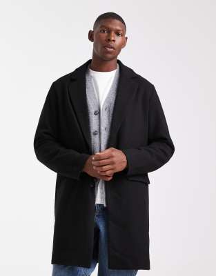 Jack & Jones Wool Look Overcoat In Black