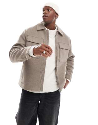 wool mix cropped jacket with pockets in mocha-Neutral