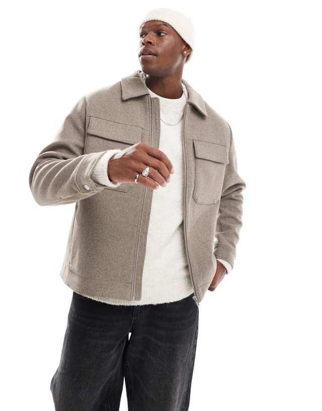 Jack & Jones wool mix cropped jacket with pockets in mocha | ASOS