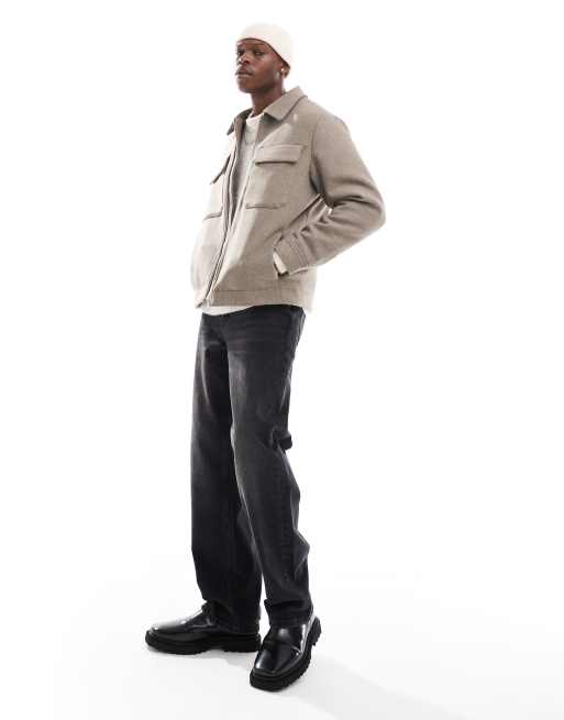 Jack & Jones wool mix cropped jacket with pockets in mocha