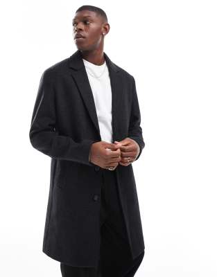 Jack & Jones Jack & Jones wool mix long overcoat in dark grey houndstooth
