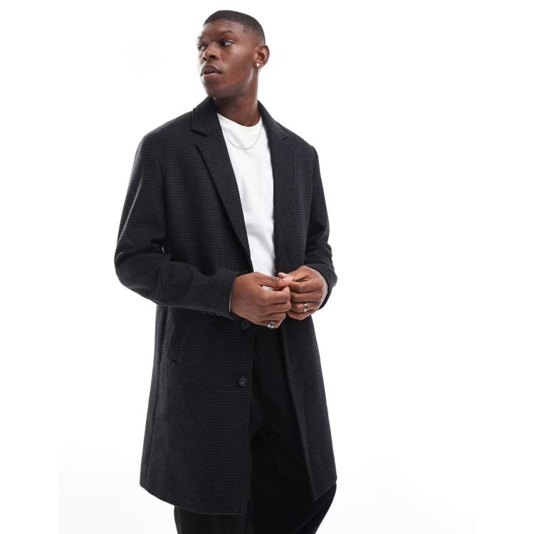 Jack & Jones wool mix long overcoat in dark grey houndstooth | ASOS