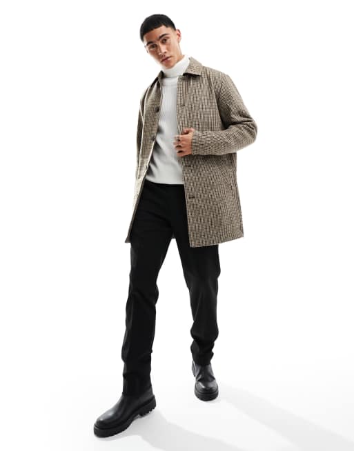 Jack & Jones wool mix mac in beige houndstooth