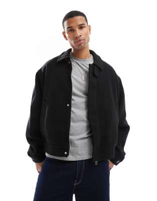 wool mix zip through harrington jacket in black