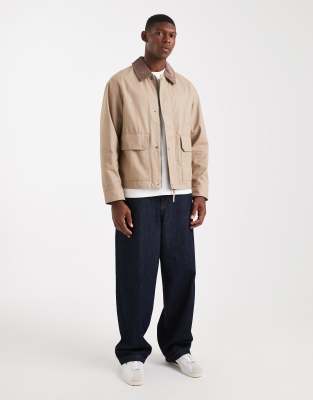 Jack & Jones Worker Jacket With Corduroy Collar In Neutral
