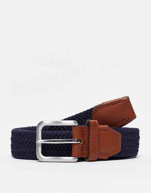 Jack & Jones woven belt with buckle in navy | ASOS