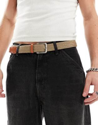 Jack & Jones woven belt with buckle in tan-Brown