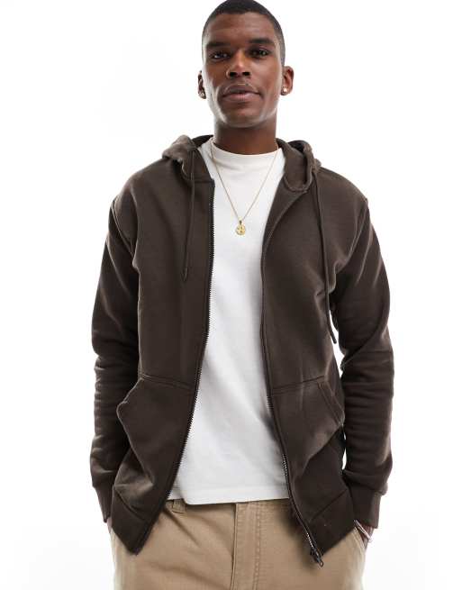 Jack & Jones – Zapinana na suwak czekoladowobrązowa bluza z kapturem oversize 