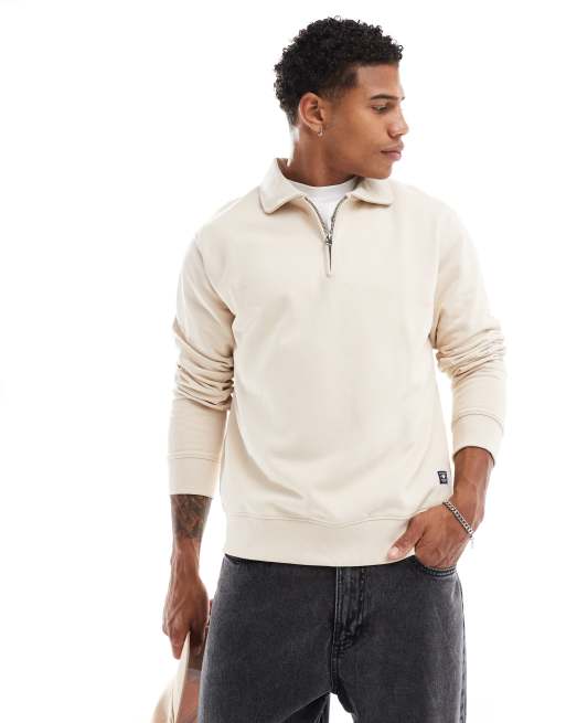 Jack & Jones – Zapinana na zamek koszulka dresowa z kołnierzykiem polo w kolorze ecru