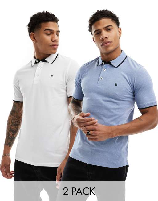 Jack & Jones – Zestaw 2 koszulek polo z piki w kolorze białym i niebieskim z kontrastową lamówką 