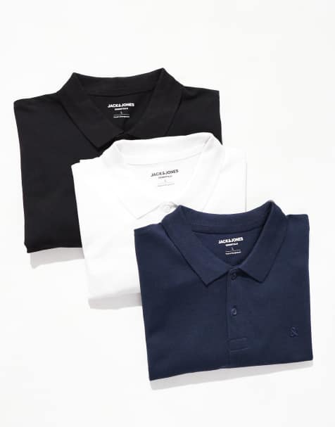 Jack & Jones 3 pack slim fit pique polo in black, white & navy 