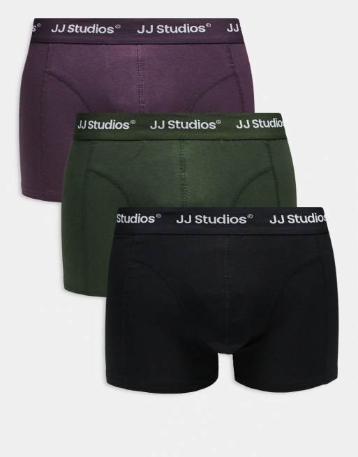 Jack & Jones – Zestaw 3 par bokserek w kolorze czarnym, śliwkowym i zielonym z logo na taśmie w talii