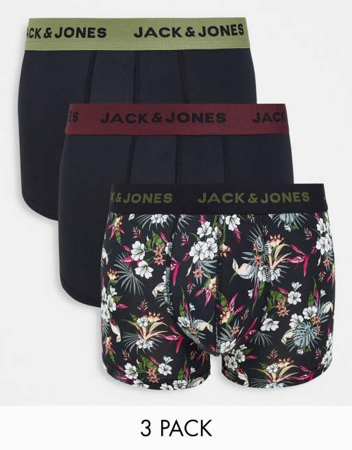 Jack & Jones – Zestaw 3 par czarnych bokserek z mikrofibry, w tym jedna para w kwiatowy wzór