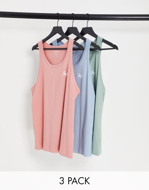 Jack & Jones – Zestaw 3 podkoszulków w kolorach niebieskim, zielonym i różowym