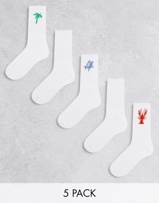 Jack & Jones – Zestaw 5 par białych skarpetek do tenisa ze wzorami