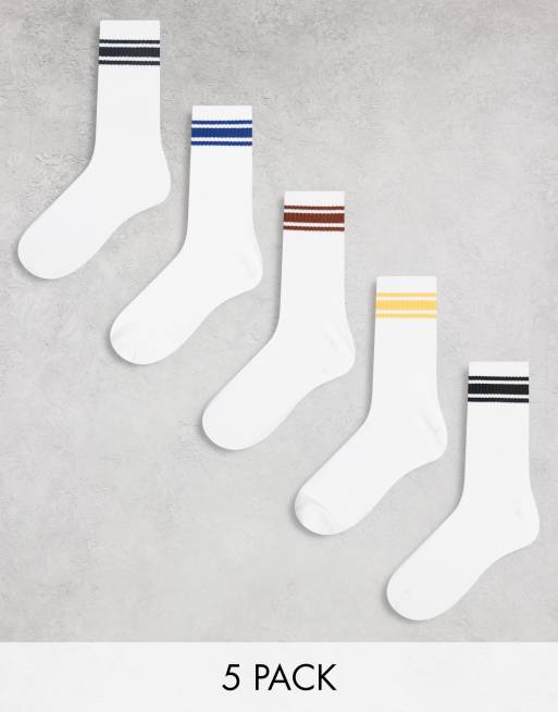 Jack & Jones – Zestaw 5 par białych sportowych skarpetek z kolorowymi paskami