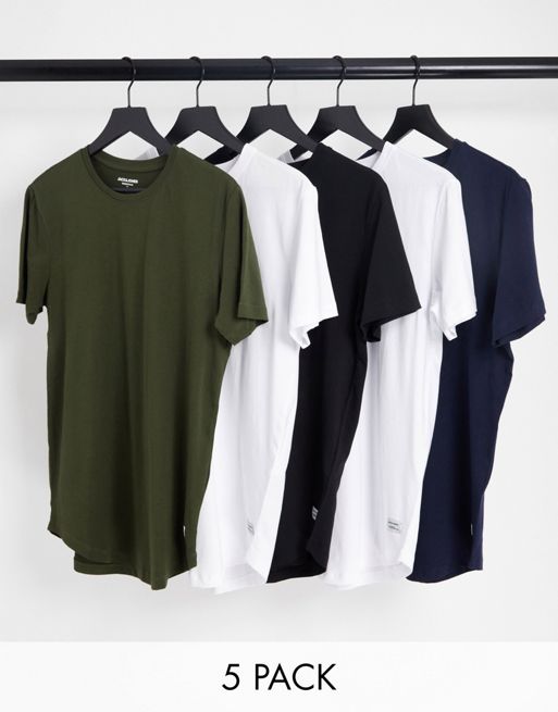 Jack & Jones – Zestaw 5 T-shirtów o wydłużonym fasonie z zaokrąglonym dołem w różnych kolorach 