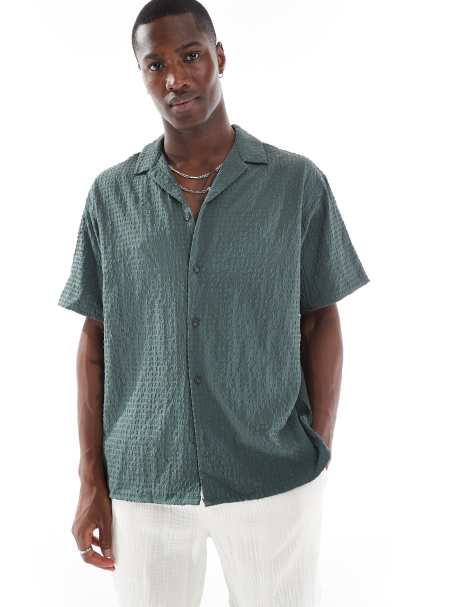 Jack & Jones revere collar seersucker short sleeve shirt in green