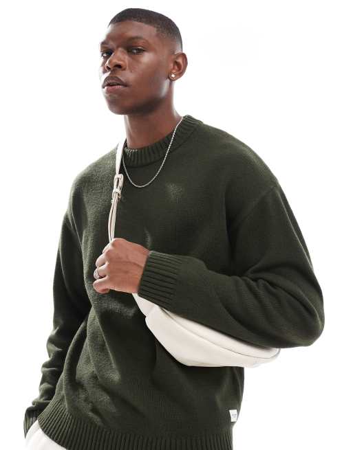 Jack & Jones – Zielony gruby sweter oversize z okrągłym dekoltem z prążkowanej dzianiny