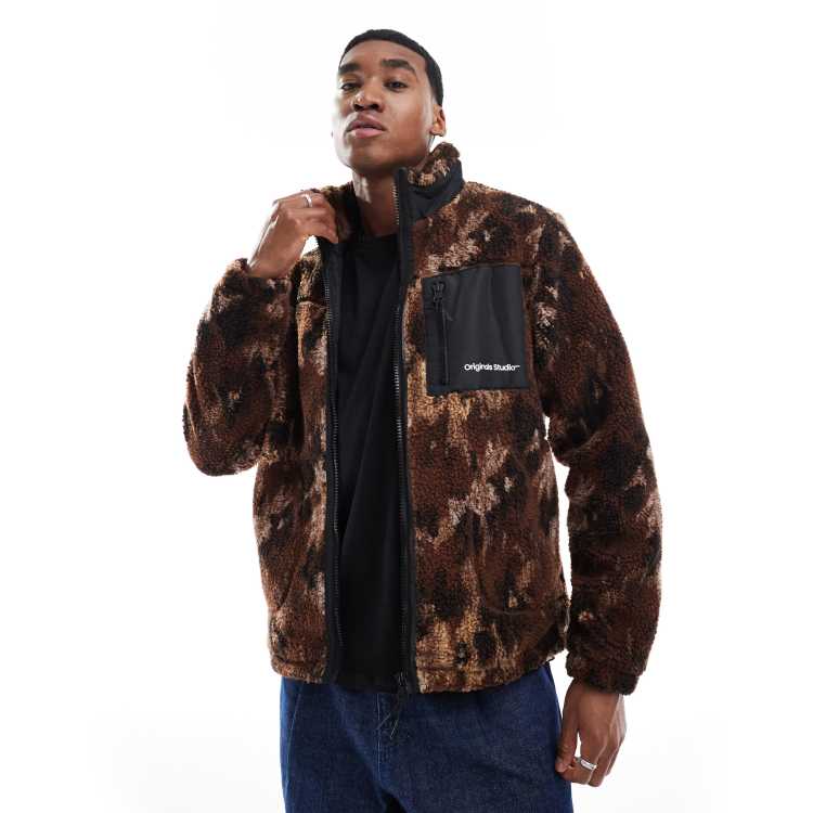 Jack & Jones zip through borg fleece in brown print | ASOS